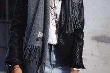 02 a distressed denim skirt, a white shirt, a black leather jacket and a grey scarf