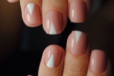 02 nude nails with white geometric touches are a fresh take on traditional Franch manicure
