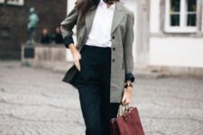 05 a white shirt, a long grey blazer, white sneakers and a burgundy bag for work