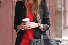 06 a hot red sheath dress, a black blazer and a black bag for a cool and simple look