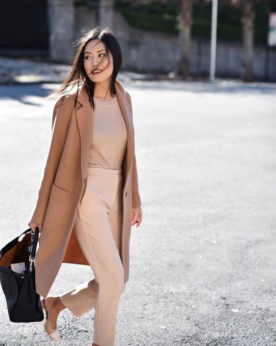 blush pants, a tan top, a cemal coat and heels for a pastel and neutral outfit