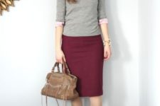 08 a plum-colored pencil skirt and shoes, a pink shirt, a grey top and a brown bag