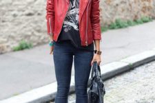 12 black denim, black suede boots, a printed tee and a red leather jacket for a rock touch
