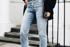 12 cropped blue jeans with a raw hem can be styled with boots for the fall