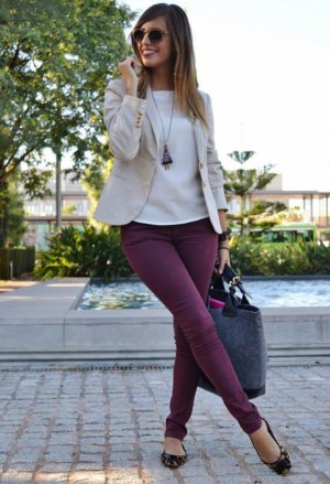 Picture Of plum colored jeans, leopard flats, a white top, an off white ...