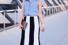 With black and white midi skirt, leopard clutch and white pumps