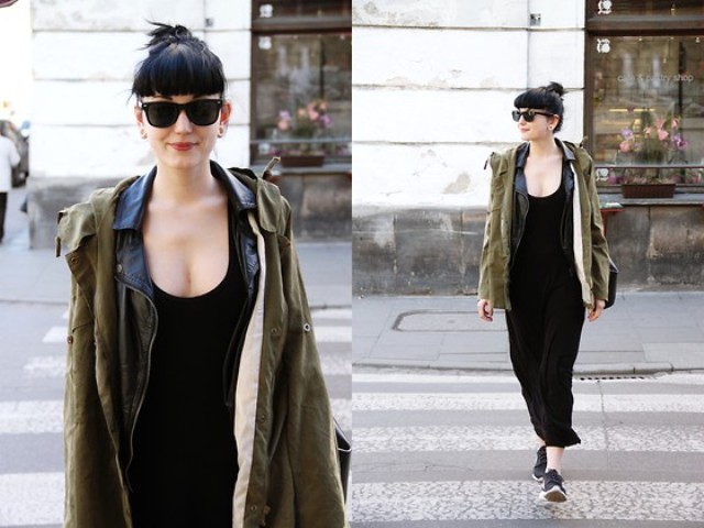 With black maxi dress, sneakers and leather jacket