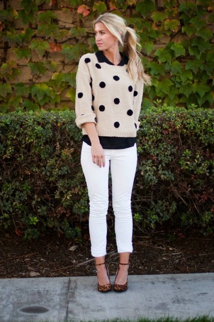 With black shirt, white skinny pants and leopard shoes