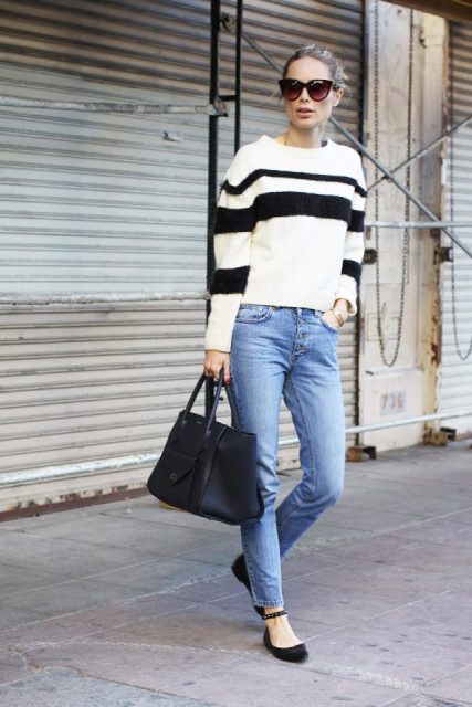 With classic jeans, black tote and ankle strap flats
