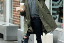 With dark gray shirt, distressed pants and brown suede ankle boots