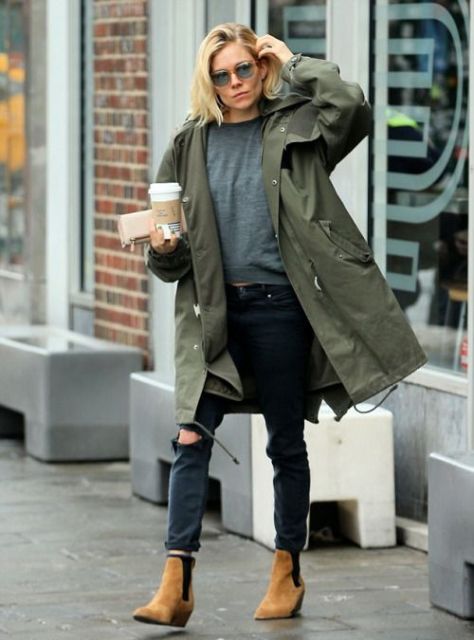 With dark gray shirt, distressed pants and brown suede ankle boots