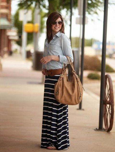 With denim shirt, brown belt, flat sandals and tote