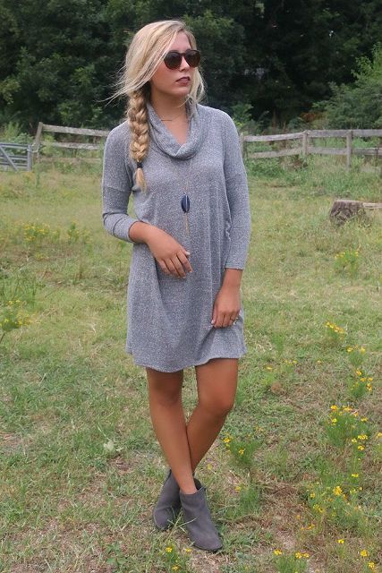 With gray ankle boots and necklace
