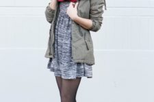 With gray dress, printed flats and red scarf