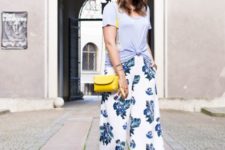 With gray t-shirt, floral culottes and yellow mini bag