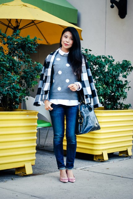 With jeans, pale pink shoes, black bag and plaid coat