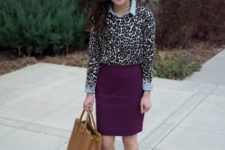 With light blue shirt, purple skirt, brown tote and black shoes