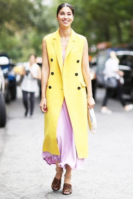 With lilac maxi dress and yellow maxi vest