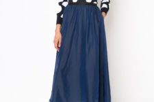 With navy blue maxi skirt and black leather ankle boots