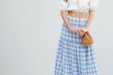 With off the shoulder crop top, crossbody bag and flat sandals