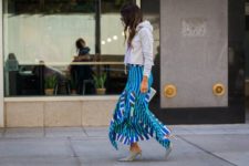 With printed maxi skirt and checked heels