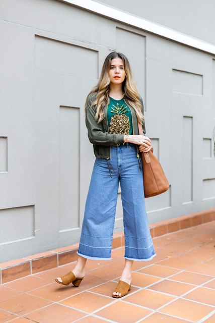 With printed t-shirt, olive green jacket, denim culottes and brown tote