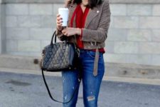 With red blouse, suede jacket, black bag and distressed jeans