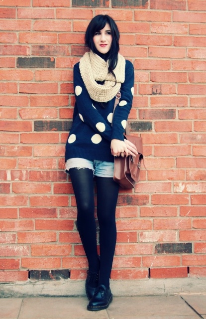With scarf, denim shorts, black tights, brown bag and flat shoes