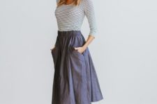With striped shirt and A-line skirt
