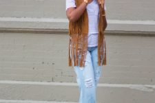 With striped shirt, light blue jeans and flats