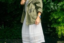 With white midi skirt, t-shirt and lace up sandals