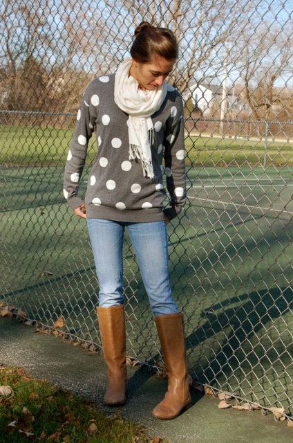 With white scarf, jeans and brown high boots