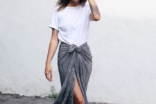 With white t-shirt and gray maxi skirt