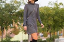 With wide brim hat, crossbody mini bag and black boots