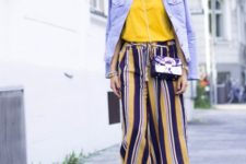 With yellow shirt, denim jacket, striped culottes and chain strap bag