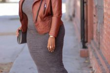 02 a grey bodycon midi dress, an amber leather jacket, leopard printed shoes and a grey bag