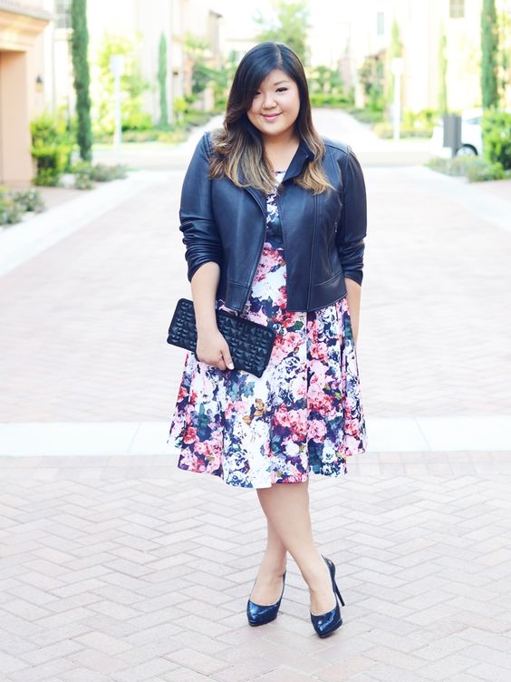 a floral midi dress, a black leather jacket, shoes and a clutch for a summer to fall look