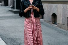 05 a striped red and white midi dress, a black cropped jacket, black Vans sneakers