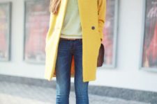 06 brown booties, blue skinnies, a neutral top, a bright yellow coat for the fall
