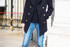 11 cuffed jeans, boots, a black top and a navy coat with gold buttons for a comfy feel