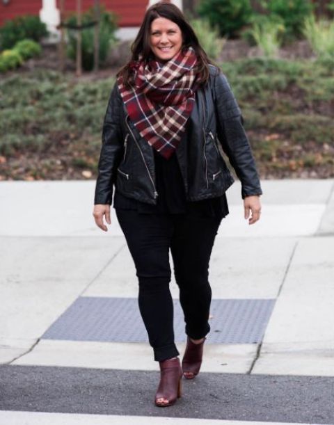 black jeans, a black top, a checked scarf and burgundy peep toe booties