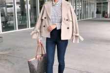 navy skinnies, tan slipons, a striped top, a grey cropped trench for a cool look