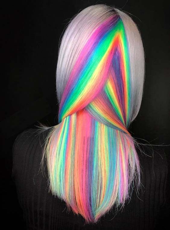 silver gray hair with rainbow accents