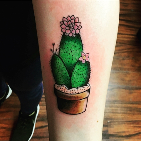 Cactus and pink flowers tattoo idea