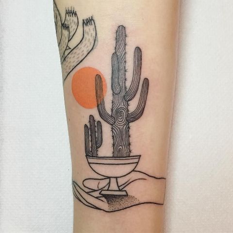 Cactus, hand and moon tattoo design