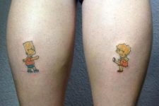 Dancing Bart and Lisa tattoos on the legs