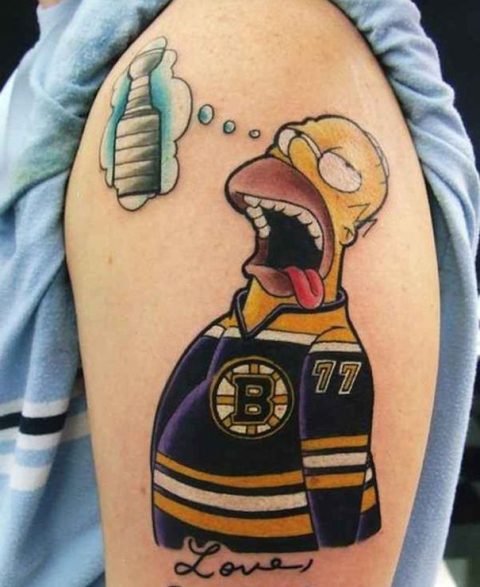 Homer Simpson in the hockey shirt tattoo