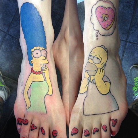 Marge and Homer tattoos on the feet