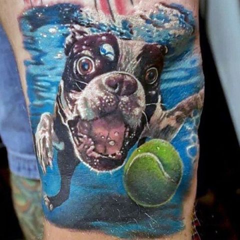 Tennis ball and dog tattoo on the leg