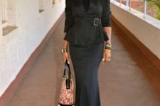 all black fall look with a peplum jacket